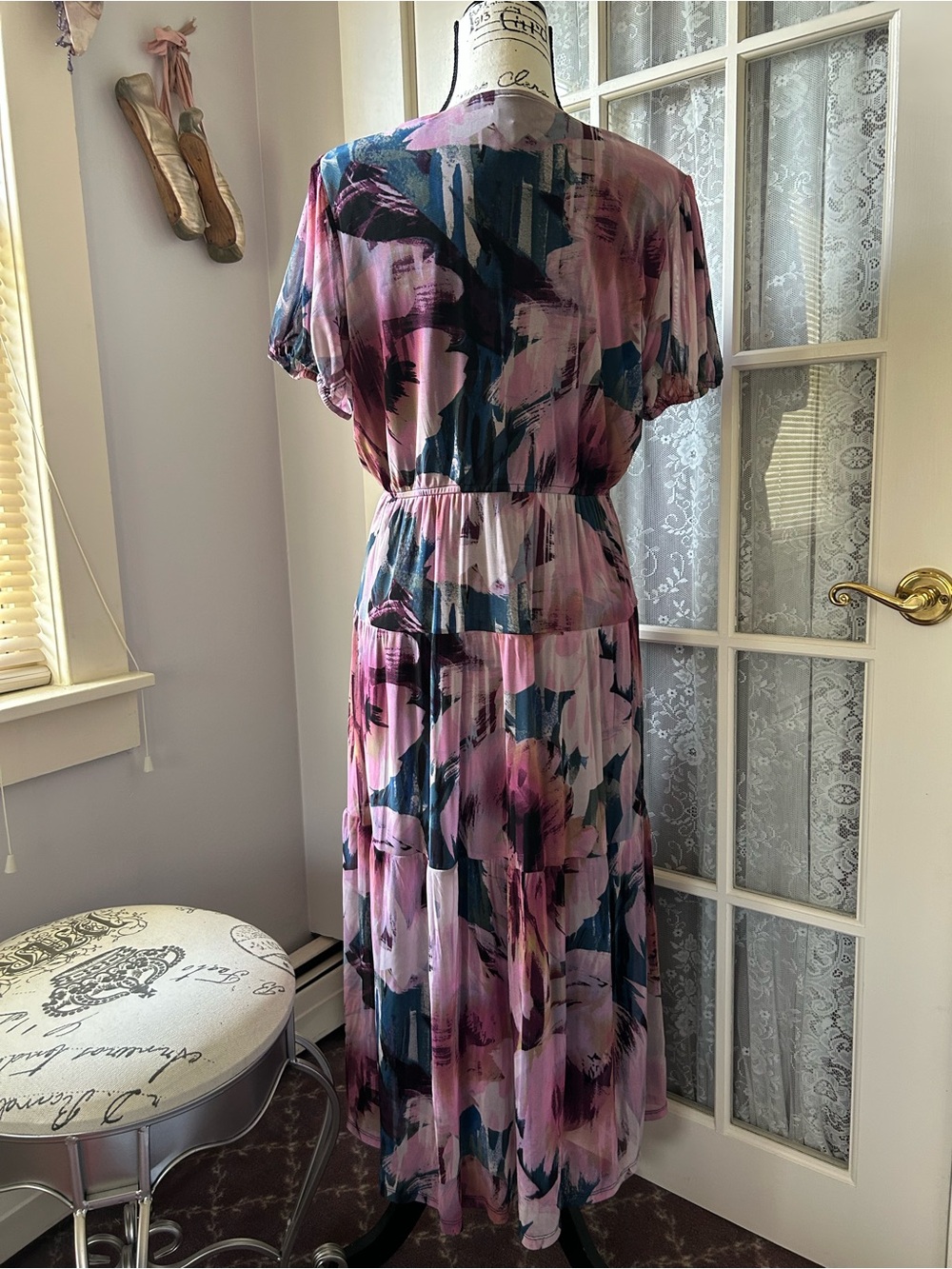Robbie Bee Pink and Blue Abstract Tiered Maxi Dress Sz L - Picture 2 of 4